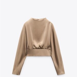 Zara Satin Cropped Long-Sleeve Top - Taupe